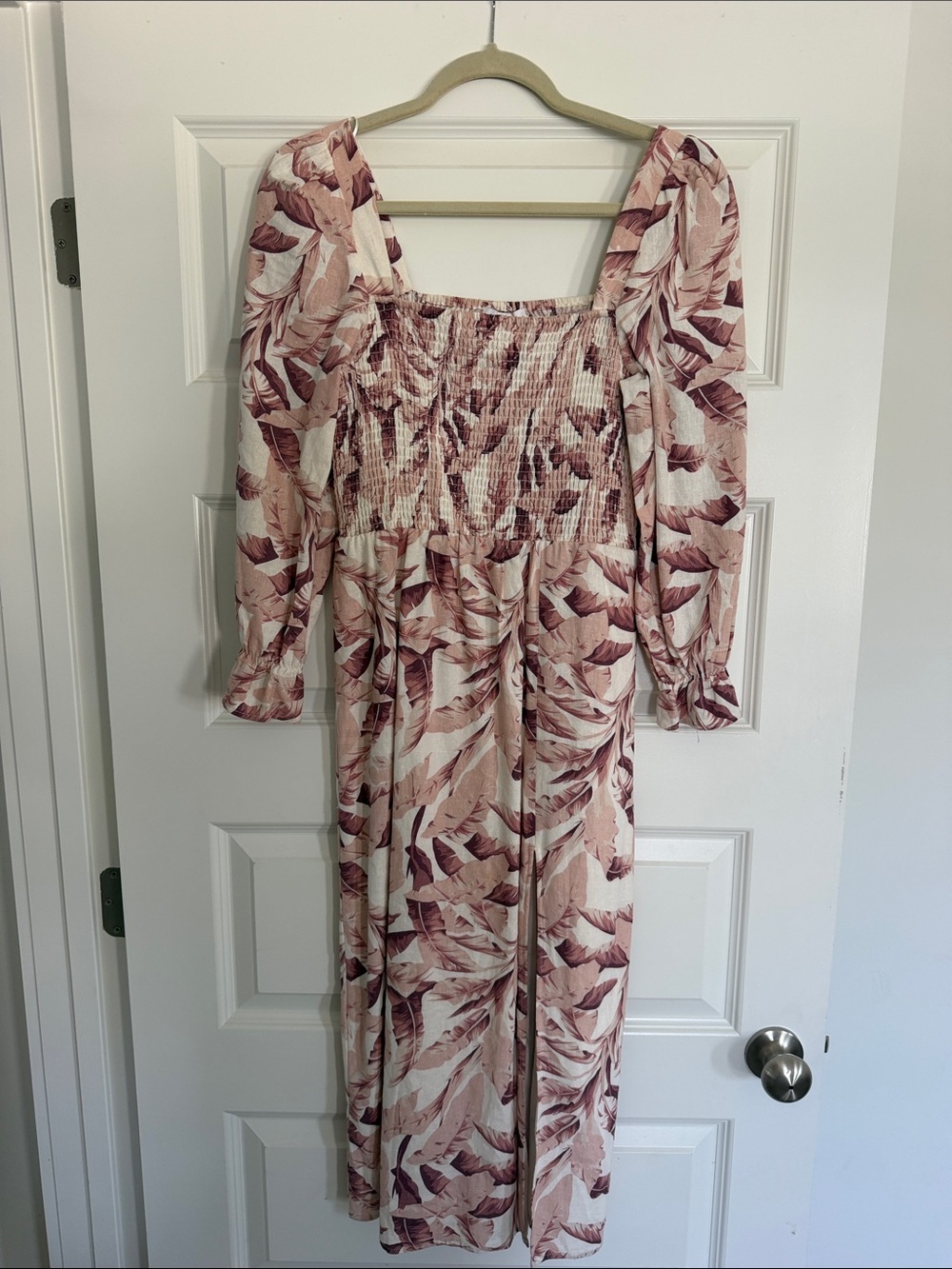 House of Harlow Smocked Square-Neck Midi Dress in Blush Leaf Print